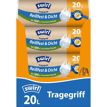 Three rolls of Swirl carry handle garbage bags 20l tear-resistant & leak-proof from Melitta Europa GmbH & Co. KG with 20 bags each made of 100% recycled plastic are delivered in orange-blue packages with the inscription "20 pieces" and a white garbage bag symbol.