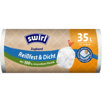 A role Swirl 35L Drawstring Garbage Bags (11 bags) by Melitta Europa GmbH & Co. KG, made from 100% recycled plastic with a multilayer film for tear resistance and a tight seal.