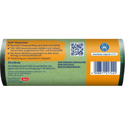 Eine Nahaufnahme des Rückenetiketts von Melittas Swirl Öko-Müllbeutel mit Zugband 35 l (12 Beutel) zeigt Produktversprechen, Gebrauchsanweisungen, einen QR-Code, einen Barcode und deutsche Sicherheitswarnungen auf einem grün-orangen Hintergrund.