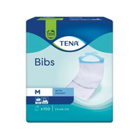 TENA Bibs disposable protective pads, designed to protect clothing and manufactured by Essity Germany GmbH, come in blue-green packaging featuring an image of a single bib. This size M package contains 150 disposable protective pads with a pocket, each measuring 37x46 cm.