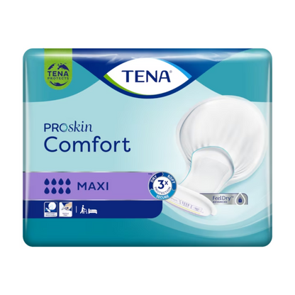 Confezione per TENA Comfort Maxi assorbenti per incontinenza, contenuto 34 pezzi. Il design comprende uno schema di colori blu-viola con un'immagine dell'assorbente per incontinenza sul lato destro e simboli che indicano l'assorbenza e i vantaggi del prodotto.