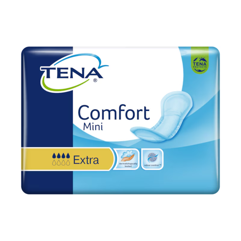L'immagine mostra una confezione di assorbenti per incontinenza TENA Comfort Mini Extra in confezione blu con il testo "TENA" e "Comfort Mini". Evidenzia il nucleo assorbente Dry Fast Core per una maggiore capacità di assorbimento, insieme a simboli che indicano che è dermatologicamente testato e progettato per un controllo efficace degli odori. Il prodotto è di TENA by Essity Germany GmbH e viene fornito in una confezione da 30 pezzi.