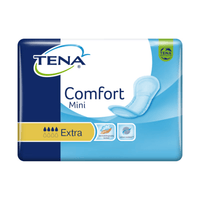 La photo montre un paquet de protections pour l'incontinence TENA Comfort Mini Extra dans un emballage bleu portant les mentions « TENA » et « Comfort Mini ». Elle met en avant le noyau absorbant « Dry Fast Core » pour une meilleure capacité d'absorption, ainsi que des symboles indiquant que le produit a été testé dermatologiquement et conçu pour un contrôle efficace des odeurs. Ce produit est fabriqué par TENA by Essity Germany GmbH et est livré en paquet de 30 pièces.