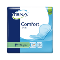 La photo montre un paquet de protections pour incontinence TENA Comfort Mini Super contenant 30 protections, conçues pour les fuites urinaires. L'emballage bleu et blanc affiche clairement le logo TENA de la société Essity Germany GmbH ainsi que le nom du produit, accompagné d'une illustration sur le côté droit mettant en avant la technologie Dry Fast Core.