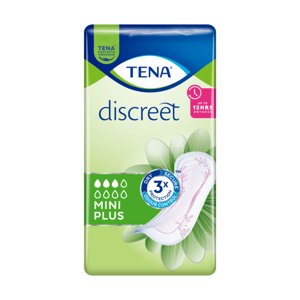 Die Verpackung der TENA Discreet Mini Plus Inkontinenzeinlage, hergestellt von TENA - Essity Germany GmbH, ist in Blau und Grün gehalten. Sie hebt Merkmale wie „bis zu 12 Stunden Trockenheit“ und „3-fach Schutz Geruchskontrolle“ für Dreifachschutz hervor. Darüber hinaus ist ein auffälliges Bild einer Binde mit Blumenmuster zu sehen, um den wirksamen Blasenschwäche-Schutz hervorzuheben. Die Packung enthält 20 Stück.