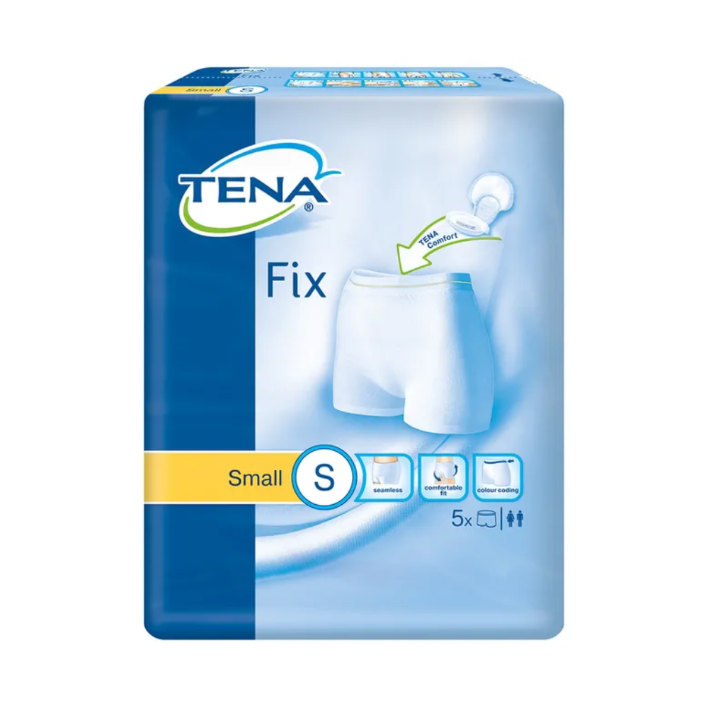 The packaging for TENA Fix incontinence fixing pants, manufactured by TENA - Essity Germany GmbH, shows an image of white underwear with the label 'Cool Comfort'. It highlights the product as a small 5-piece set and emphasizes elasticity and leakage protection for improved comfort and safety.