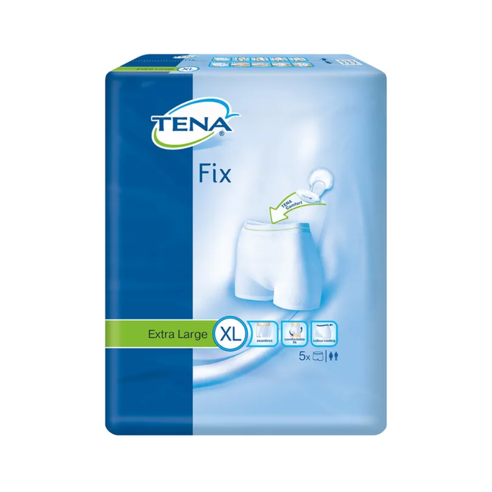 Packung mit TENA Fix Inkontinenz-Fixierhosen, Größe Extra Large (XL). Die blau-weiße Verpackung zeigt ein Bild der weißen Unterhose und weist darauf hin, dass sie fünf Stück enthält. Als Premium-Inkontinenzprodukte konzipiert, sorgen diese Fixierhosen für einen sicheren und bequemen Sitz.