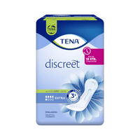 L'immagine mostra una confezione di assorbenti per l'incontinenza TENA Lady Discreet Extra contenente 20 assorbenti. La confezione, nei toni del blu e del lilla con motivi floreali e l'immagine degli assorbenti, mette in risalto caratteristiche quali la tripla protezione e fino a 12 ore di asciutto grazie all'avanzata tecnologia InstaDRY.