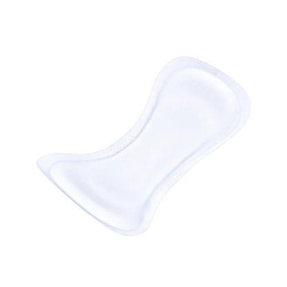 A close-up of a white, curved incontinence pad from TENA Lady Super incontinence pad | Pack (30 pieces) from TENA – Essity Germany GmbH against a plain background.