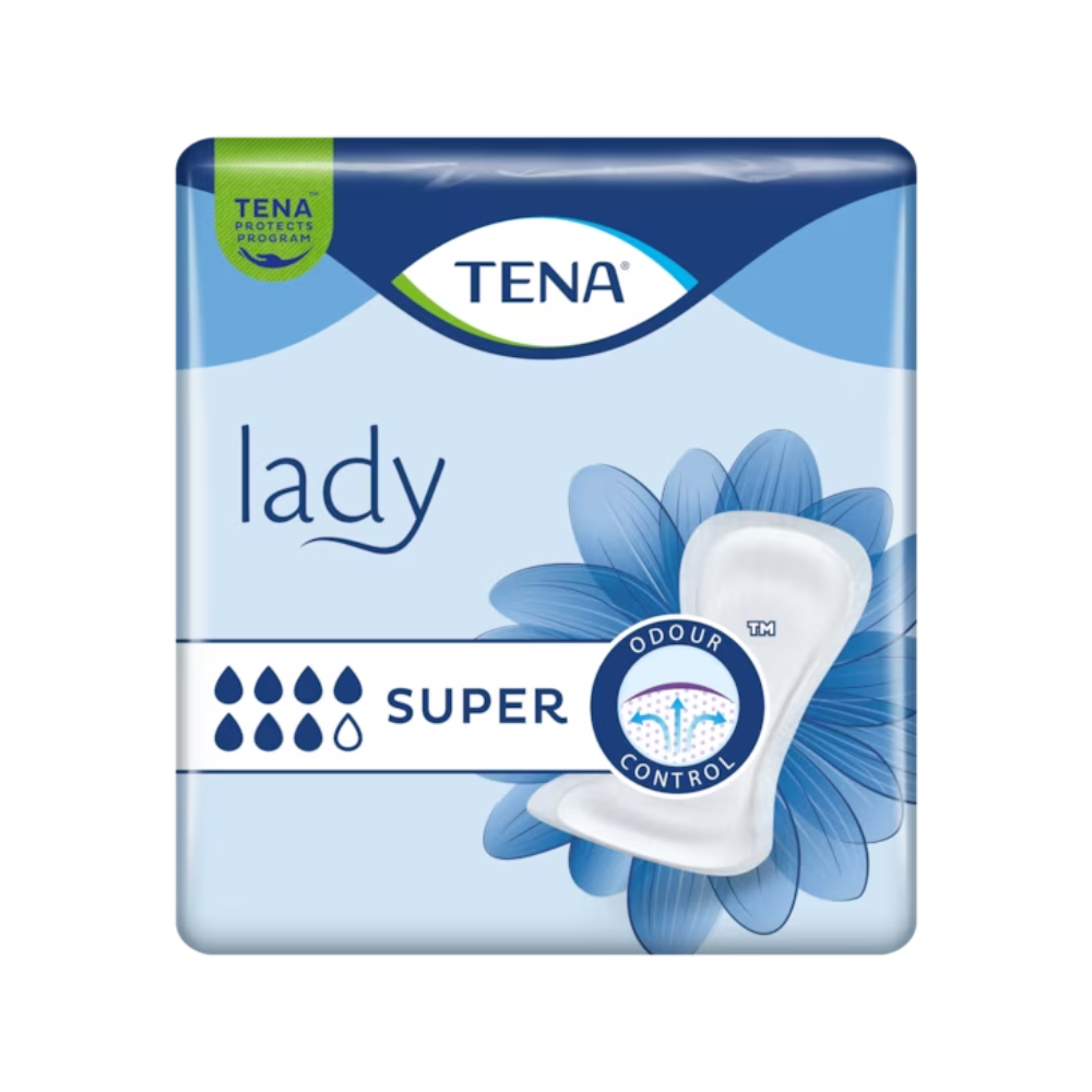 The packaging of the TENA Lady Super incontinence pad | Pack (30 pieces) from TENA - Essity Germany GmbH is designed in blue and white. Distinctive elements such as the words "Lady" and "SUPER", absorbency drops, a floral graphic, and terms like "Odour Control" make it the ideal choice for anyone seeking reliable incontinence protection as part of the TENA Protects Program.