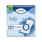 The packaging of the TENA Lady Super incontinence pad | Pack (30 pieces) from TENA - Essity Germany GmbH is designed in blue and white. Distinctive elements such as the words "Lady" and "SUPER", absorbency drops, a floral graphic, and terms like "Odour Control" make it the ideal choice for anyone seeking reliable incontinence protection as part of the TENA Protects Program.