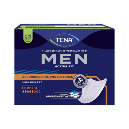 Die TENA Men Active Fit Level 3 Inkontinenzeinlage, verpackt in markantem Blau und Schwarz, ist für Harninkontinenz konzipiert. Dieses Produkt von TENA – Essity Germany GmbH zeigt eine Schildgrafik und hebt Vorteile wie 3-fachen Schutz und absolute Diskretion hervor, was es zur idealen Wahl für Männer macht, die Vertrauen und Komfort suchen. Jede Packung enthält 16 Stück.