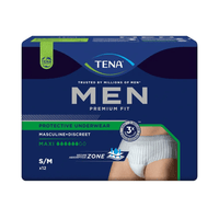 Packaging for TENA Men Active Fit Pants Maxi incontinence pants in size S/M by TENA - Essity Germany GmbH. The design features a masculine and discreet look, perfect for heavy urine leakage with maximum absorbency. An image of the product is displayed, accompanied by text highlighting its reliable absorbency and a pack size of 12.