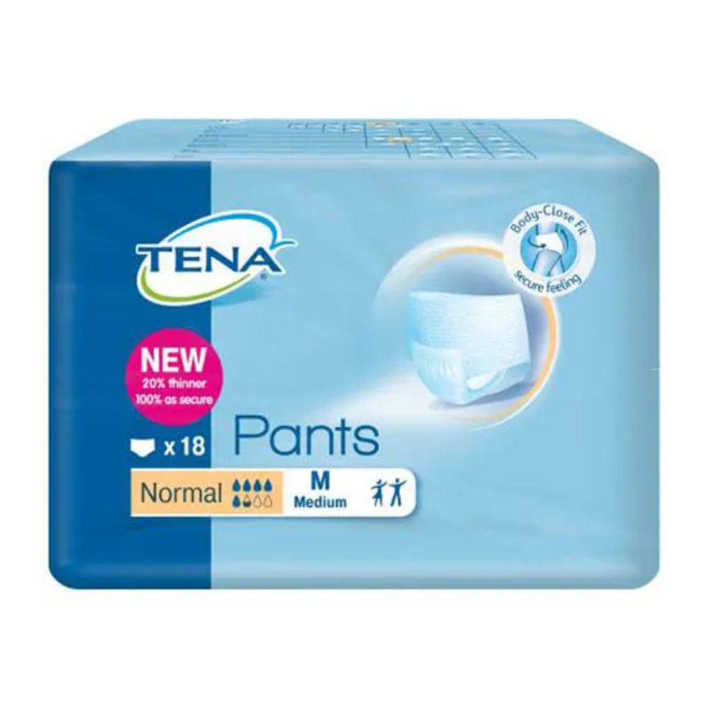 L'image montre un paquet de culottes d'incontinence TENA Pants Normal, fabriquées par TENA - Essity Germany GmbH spécialement pour l'incontinence urinaire. Elle contient 18 culottes de taille moyenne avec une capacité d'absorption « normale », et l'emballage met en avant un design 20 % plus fin et un ajustement confortable sur un fond bleu avec l'image de marque du produit.