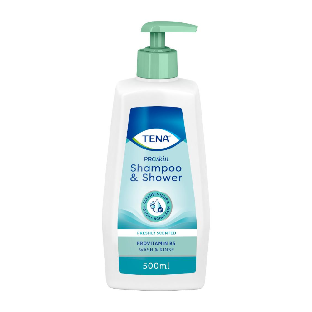 Das TENA Shampoo & Shower 500 ml der Essity Germany GmbH mit grünem Pumpverschluss ist ideal für empfindliche Haut. Seine frisch duftende, mit Provitamin B5 angereicherte Formel präsentiert sich in einer eleganten weißen Verpackung mit blauen und grünen Akzenten.