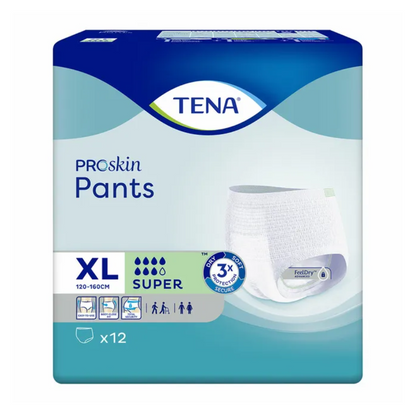 Eine Packung TENA Proskin Pants Super Inkontinenzpants von TENA – Essity Germany GmbH, erhältlich in der Größe XL (120-160 cm), ist auf Personen mit Blasenschwäche zugeschnitten. Die Verpackung betont die Saugstärke „Super“ und zeigt Abbildungen, die einen sicheren Sitz und eine einfache Handhabung demonstrieren. Jede Packung enthält 12 Inkontinenzpants.