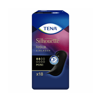 L'immagine mostra una confezione di salvaslip TENA Silhouette Noir Mini, di colore nero, prodotta da Essity Germany GmbH, caratterizzata da una sfumatura di colore blu scuro. Riproduce una rappresentazione grafica dei salvaslip per l'incontinenza di colore nero e riporta la dicitura «18 pezzi x». Per sottolineare la tripla protezione discreta, il logo TENA è posizionato in modo ben visibile nella parte superiore.