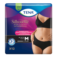 The packaging image for TENA Silhouette Plus Black incontinence pants shows waist-high pants designed to protect against bladder leakage. The package, featuring a stylish black torso and the label “EU 36-44 M,” contains 12 pairs and promises triple protection against bladder leakage.