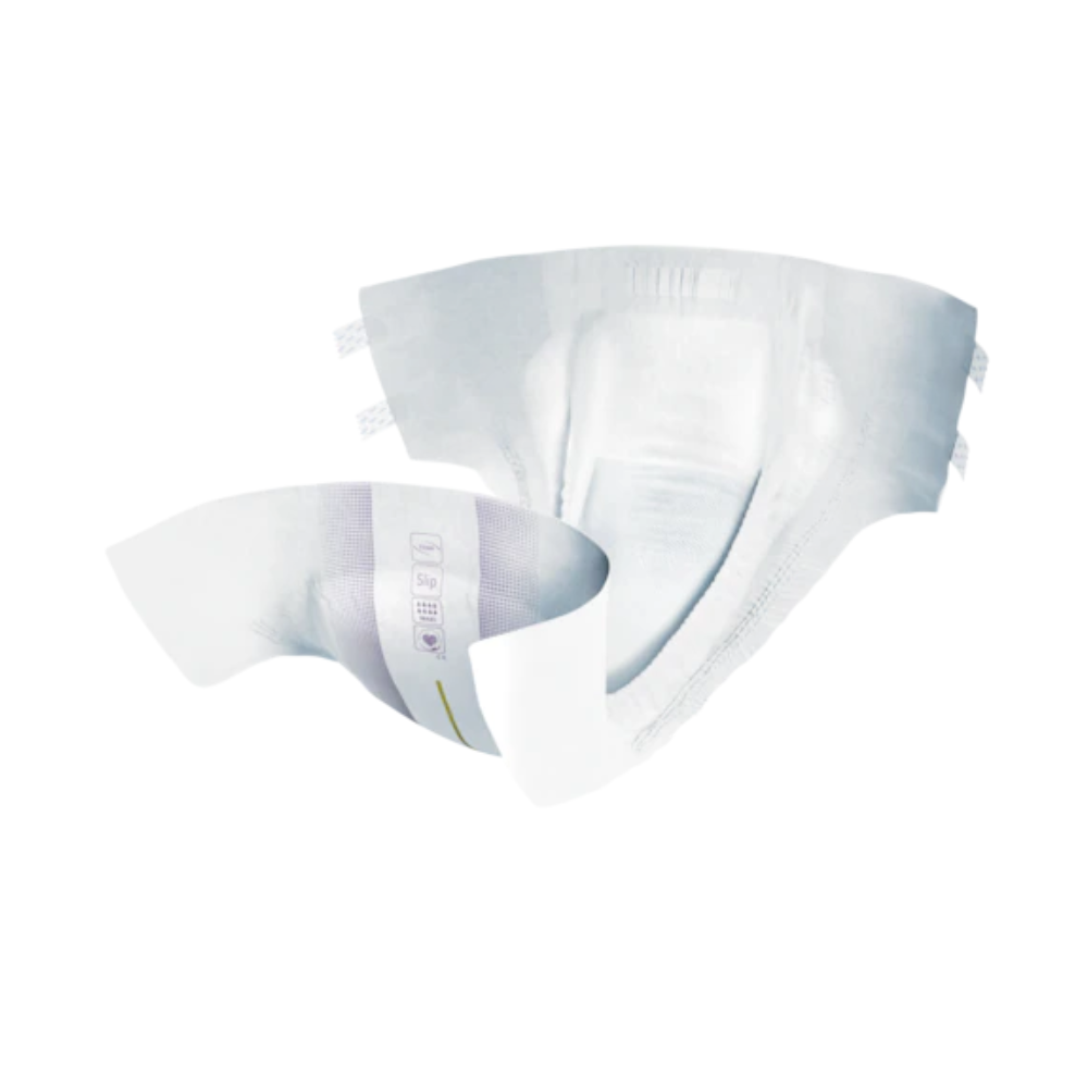 Bild einer TENA Slip Maxi Inkontinenzvorlage mit Hüftbund, einer Inkontinenzvorlage für Erwachsene, die für schweren Urinverlust entwickelt wurde. Sie hat eine weiße Außenseite und eine hellgrüne Innenseite, einen elastischen Hüftbund, Beinöffnungen und eine saugfähige Polsterung.