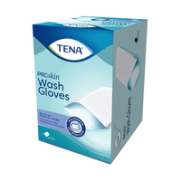 La photo montre une boîte de gants de toilette TENA Wash Gloves de la marque TENA - Essity Germany GmbH, dont le design bleu et blanc met en valeur la doublure en plastique sans latex destinée à l'hygiène corporelle. L'emballage indique que la boîte contient 175 gants, ce qui est idéal pour l'hygiène personnelle.