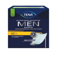 Eine Schachtel von Muster TENA Men Active Fit von TENA - Essity Germany GmbH zeigt eine blau-silberne Verpackung, ein Produktbild und einen Text, der maximale Sicherheit und Komfort für Männer mit Blasenschwäche betont.