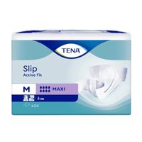 A rectangular package of TENA Slip Active Fit Maxi by TENA - Essity Germany GmbH, size M, with maxi absorbency and leak protection. Contains 24 panty liners in blue and white packaging featuring product images and symbols.