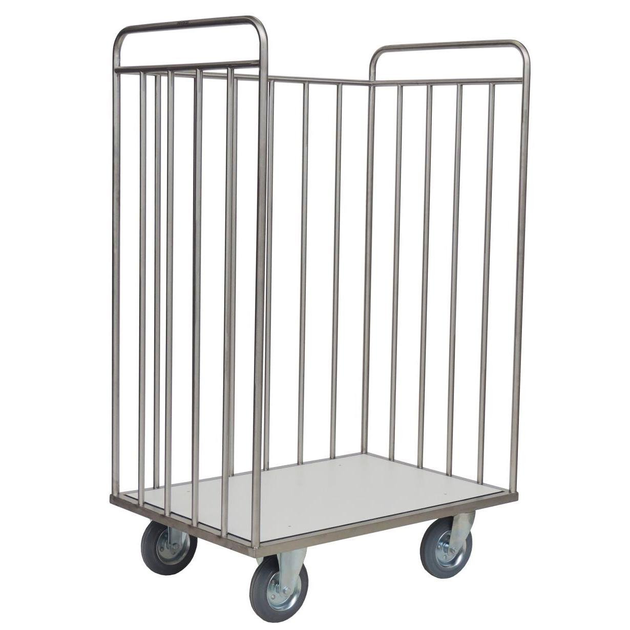 The Novocal transport cart with a stainless steel back panel frame features four castors and vertical pipe connections that are welded all around. The stable base is made of solid material. Packaging: 1 piece.