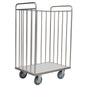 The Novocal transport cart with a stainless steel back panel frame features four castors and vertical pipe connections that are welded all around. The stable base is made of solid material. Packaging: 1 piece.