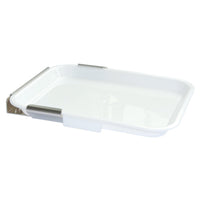 A white, rectangular Novocal drip tray, including a mount. Wall-mounted bracket for a sanitizing station, with raised edges and two metal clips, ideal for hygienic storage, photographed against a white background.