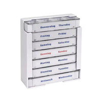 Der AMPri Med-Comfort Tablettendispenser (375 x 225 x 40 mm, weiß) verfügt über sieben Fächer für Medikamente, die für jeden Tag in Deutsch und Englisch beschriftet sind: Donnerstag/Donnerstag bis Mittwoch/Mittwoch.
