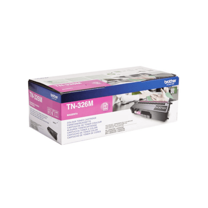 A box of magenta toner cartridge Brother TN-326M against a white background with product and brand information, suitable for printers HL-L8250/MFC-L8600.