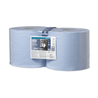 Two large rolls of Tork 130081 Extra-Strong Premium Industrial Paper Wipes, packaged in clear plastic, are ideal for removing oil, grease, and lubricants. The label contains product information, including the TORK brand—Essity Professional Hygiene Germany GmbH—and detailed specifications. These wipes are suitable for use with Tork Maxi in-dispenser systems.