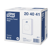 A carton of Tork 204041 White B5 Sanitary Bags contains 48 packs and is designed for the disposal of feminine hygiene products. The carton is primarily blue and white and features the product branding as well as an image of the contents. The Essity logo is prominently displayed on the side, making it ideal for improving restroom hygiene.