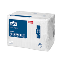A package of Tork 509300 White Universal Lunch Napkins from Essity Professional Hygiene Germany GmbH is designed for fast-food restaurants. The packaging features a blue label with the words “Universal,” “Open & Close,” and images of the napkins. This industrially compostable package contains 150 single-ply white napkins, each measuring 12 inches square.