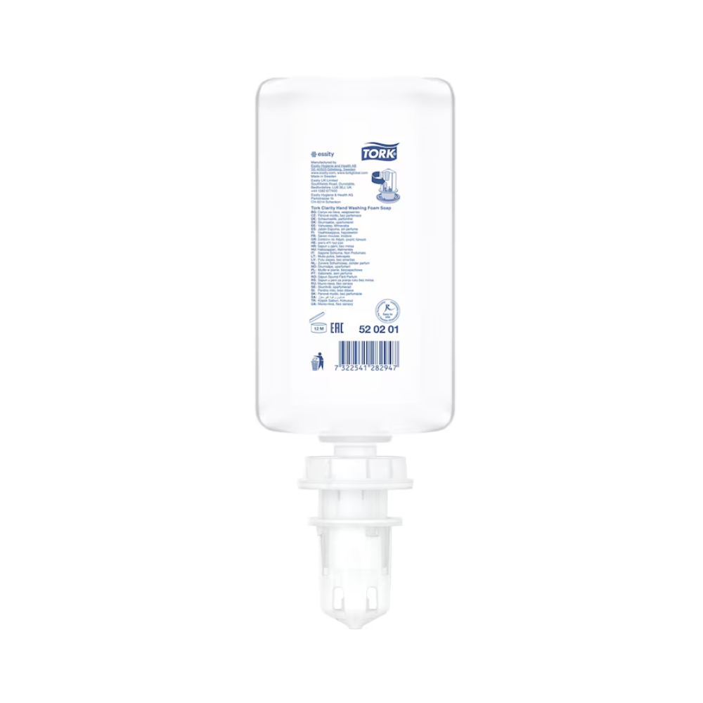A refill bottle of Tork 520201 Pure Hand Foam Soap Premium S4 (1000 ml) from TORK – Essity is pictured upside down on a white background, with a visible barcode and a label emphasizing hand hygiene and natural ingredients.