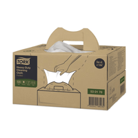 Su una confezione di cartone della TORK - Essity recante la scritta «Tork 530176 Panni detergenti extra resistenti Premium W7» è raffigurata una mano che estrae un panno. La confezione contiene 120 panni piegati con la dicitura «Singoli», pensati per ridurre il consumo di solvente.