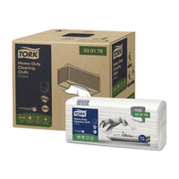 The image shows a box and packaging containing Tork 530179 Extra-Strong Premium W4 Cleaning Wipes, manufactured by Essity Professional Hygiene Germany GmbH. It depicts a hand using these durable cleaning wipes, which are ideal for removing oil and grease. Both the packaging and the box feature a green label with the product number 53 01 79, as well as an eco-label and information about exelCLEAN® technology.
