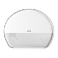 The Tork 555000 Elevation T2 Mini Jumbo Toilet Paper Dispenser, manufactured by Essity Professional Hygiene Germany GmbH under the TORK brand, is a stylish, wall-mounted toilet paper dispenser in white with a transparent lower half. Its sleek semicircular design prominently displays the “Tork” logo and is designed to easily accommodate Mini Jumbo toilet paper rolls.