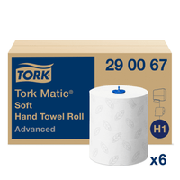 Image of a Tork Matic® 290067 Soft Roll Towel Advanced H1 2-ply package, showing a brown box with the brand’s iconic logo. Next to it is a white paper towel roll decorated with leaf patterns and labeled “H1 x6,” making it ideal for advanced hand drying with the reliable Tork Matic® paper towel system from TORK – Essity Professional Hygiene Germany GmbH.