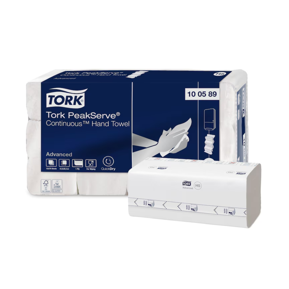 Auf der Verpackung von Tork PeakServe® 100589 Endlos™ Handtücher Advanced H5 1-lagig sind der Produktname und das Logo deutlich zu erkennen, begleitet von einer Abbildung der Einzeltuchentnahme. Umliegende Symbole betonen Merkmale wie hohe Kapazität und schnelle Entnahme. Die Verpackungsnummer 100589 ist deutlich zu erkennen.