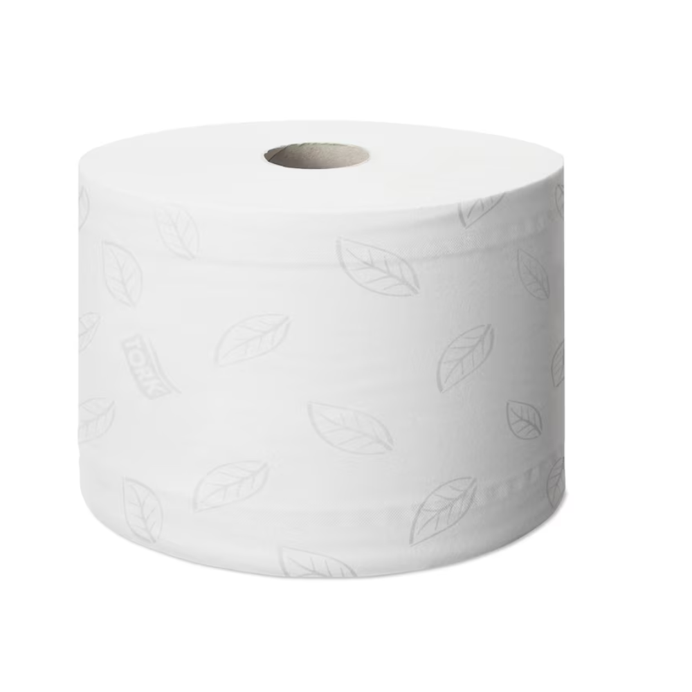 Eine einzelne Rolle TORK Tork SmartOne® 472242 Toilettenpapier Advanced T8 2-lagig | Karton (6 Rollen) mit dezentem Blattmuster, gewährleistet eine hygienische Einzelblattentnahme und weniger Verbrauch.