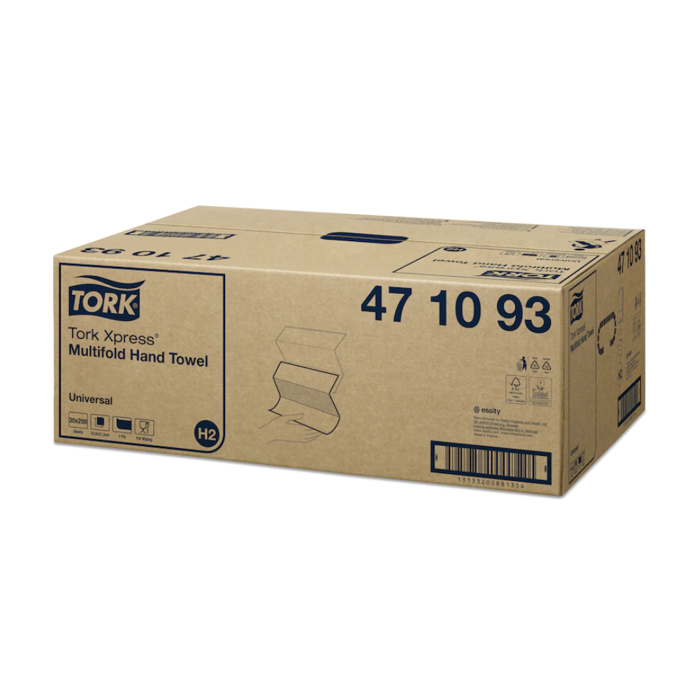 Abgebildet ist ein Karton mit Tork Xpress® 471093 Multifold-Handtüchern Universal H2 1-lagig von TORK – Essity Professional Hygiene Germany GmbH. Der Karton ist mit Produktinformationen wie der Artikelnummer beschriftet und weist Abbildungen und Symbole von Universal H2 sowie einen Barcode an der Seite auf.