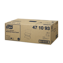 Abgebildet ist ein Karton mit Tork Xpress® 471093 Multifold-Handtüchern Universal H2 1-lagig von TORK – Essity Professional Hygiene Germany GmbH. Der Karton ist mit Produktinformationen wie der Artikelnummer beschriftet und weist Abbildungen und Symbole von Universal H2 sowie einen Barcode an der Seite auf.