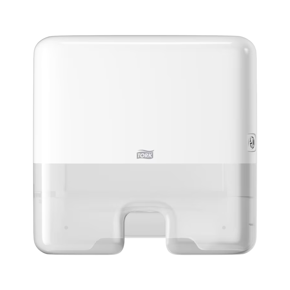 Le Tork Xpress® 552100 Mini Distributeur pour serviettes pliées H2 Elevation de TORK – Essity Professional Hygiene Germany GmbH est un distributeur de serviettes en papier mural élégant et blanc. Il dispose d'une section transparente avec le logo Tork, d'une ouverture centrale pour une distribution facile feuille à feuille de serviettes pliées et d'une fermeture latérale sécurisée.