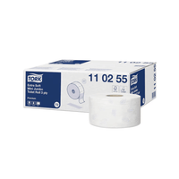 The image shows a package of Tork 110255 Extra Soft Mini Jumbo Premium T2 3-Ply Toilet Paper from TORK – Essity Professional Hygiene Germany GmbH. Next to it is a single roll for product demonstration. The packaging is predominantly white and blue and features printed product details that highlight this extra-soft toilet paper.