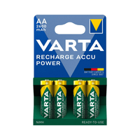 A pack of four green-and-yellow Varta Recharge Accu Power AA 2600 mAh batteries, labeled “Nickel-Hybrid” on the front. The packaging features a blue triangle with the Varta AG logo.