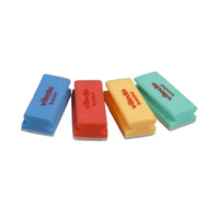 Four Vileda Professional Scratch-Free Sponges from Vileda GmbH are arranged in a row and come in blue, red, yellow, and green, each featuring the brand’s logo. Thanks to their white cleaning edges, these sponges guarantee scratch-free cleaning on a variety of surfaces.