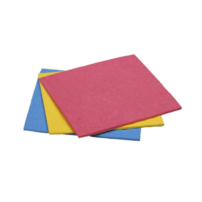 Three stacked Vileda Aqua sponge cloths in red, yellow, and blue from the brand Vileda GmbH. These structured, square cloths are made of natural cellulose and have a red top side on a white background.