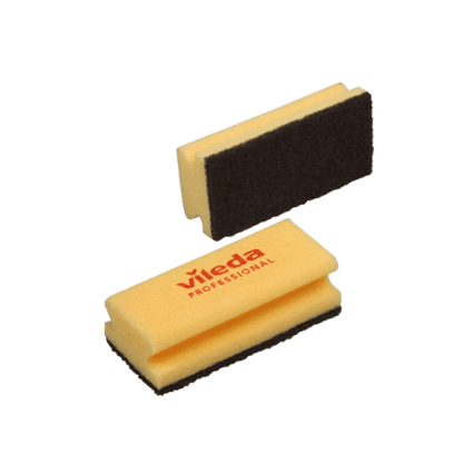 Two yellow-black sponges from Vileda GmbH are displayed, one lying flat, the other standing upright. These Heavy Duty pot scrubber sponges have a scouring side made of abrasive pad sponge material and a normal sponge side, with the brand name highlighted in red.
