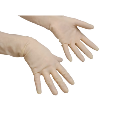 Vor weißem Hintergrund sind zwei Hände mit den glatten, beigen Handschuhen Vileda Professional Lightweight - Der Sensible der Vileda GmbH zu sehen. Die Finger sind leicht gespreizt und die enge Passform ist perfekt für Präzisionsarbeiten im Gesundheitswesen oder anspruchsvolle Reinigungsarbeiten.